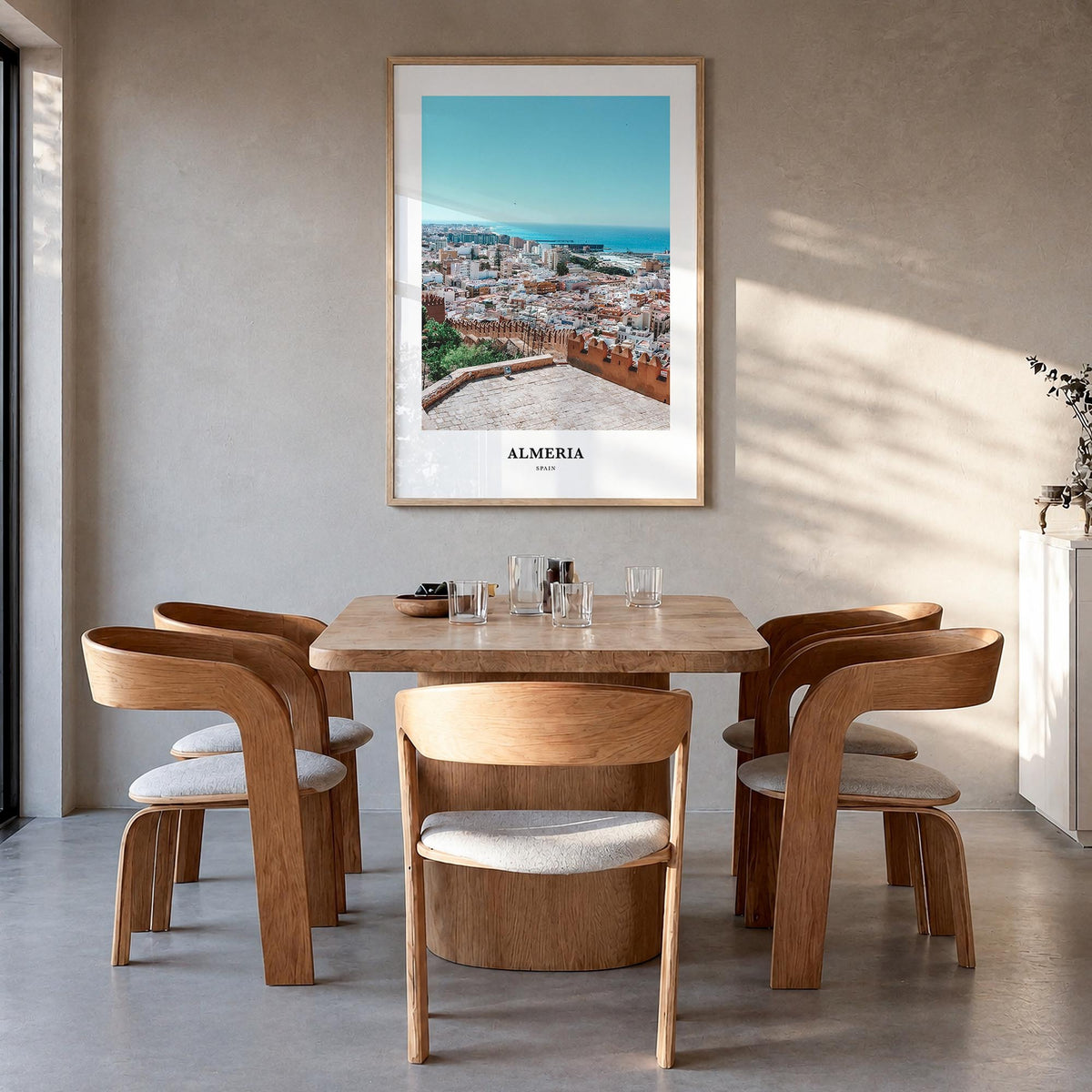 Almería colorful classic poster of Spain – vertical wall art in natural wood frame, hanging on wall