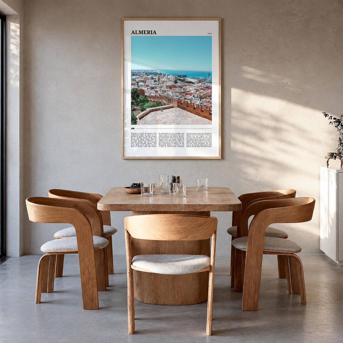 Almería colorful travel poster of Spain – vertical wall art in natural wood frame, hanging on wall