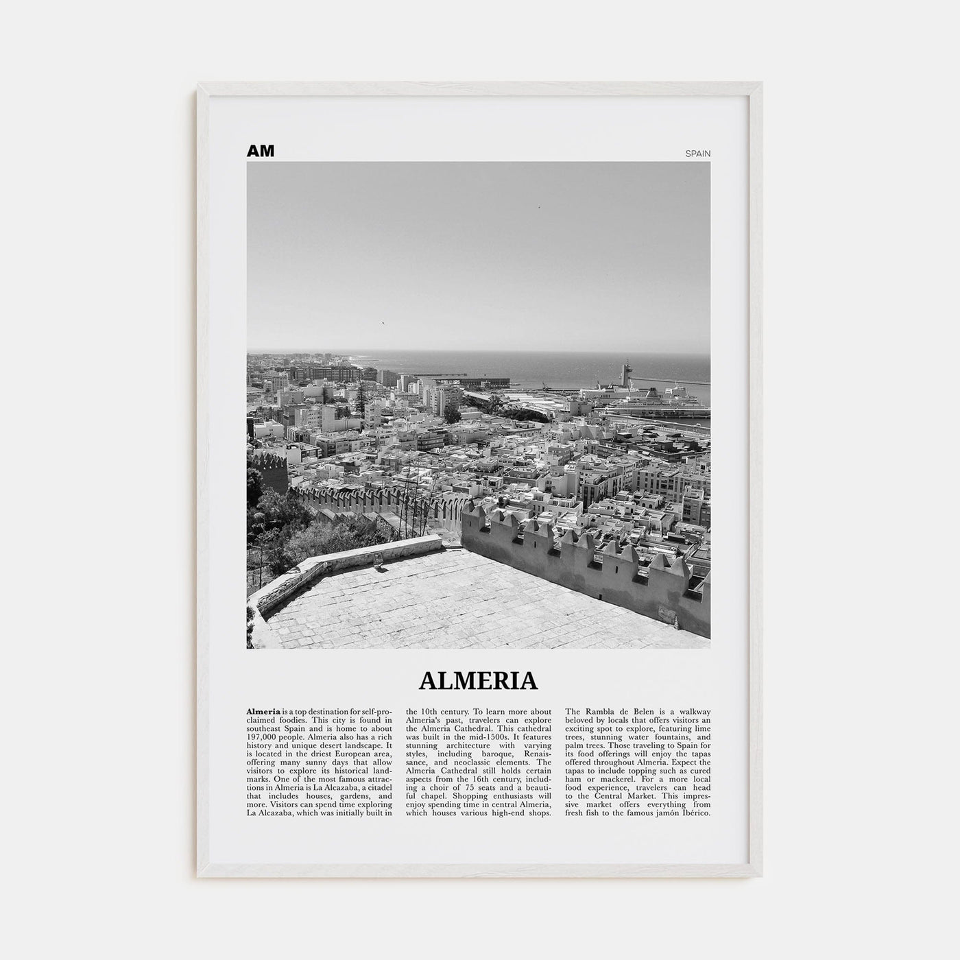 Almeria Poster White Wood / 8x12 in Nbourhood Travel B&W Poster