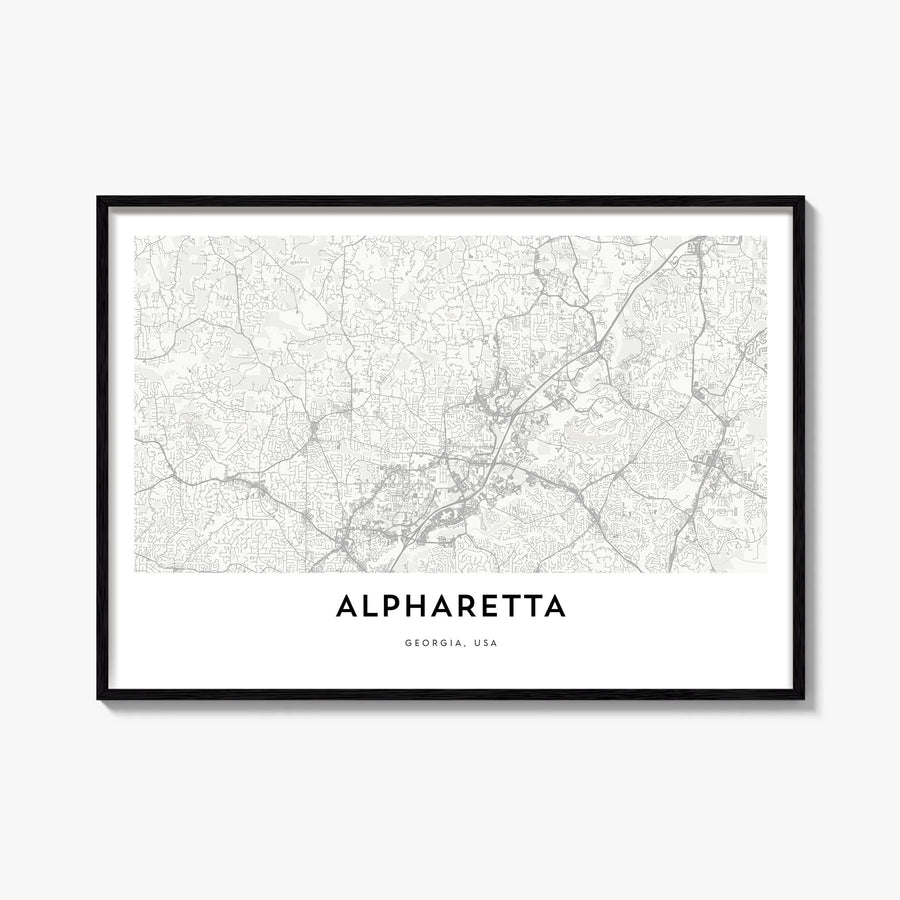 Alpharetta black & white map poster of Georgia, USA – horizontal wall art, unframed print shown in interior mockup