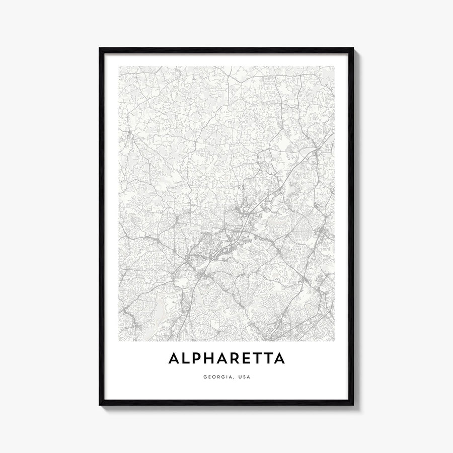 Alpharetta black & white map poster of Georgia, USA – vertical wall art, unframed print shown in interior mockup