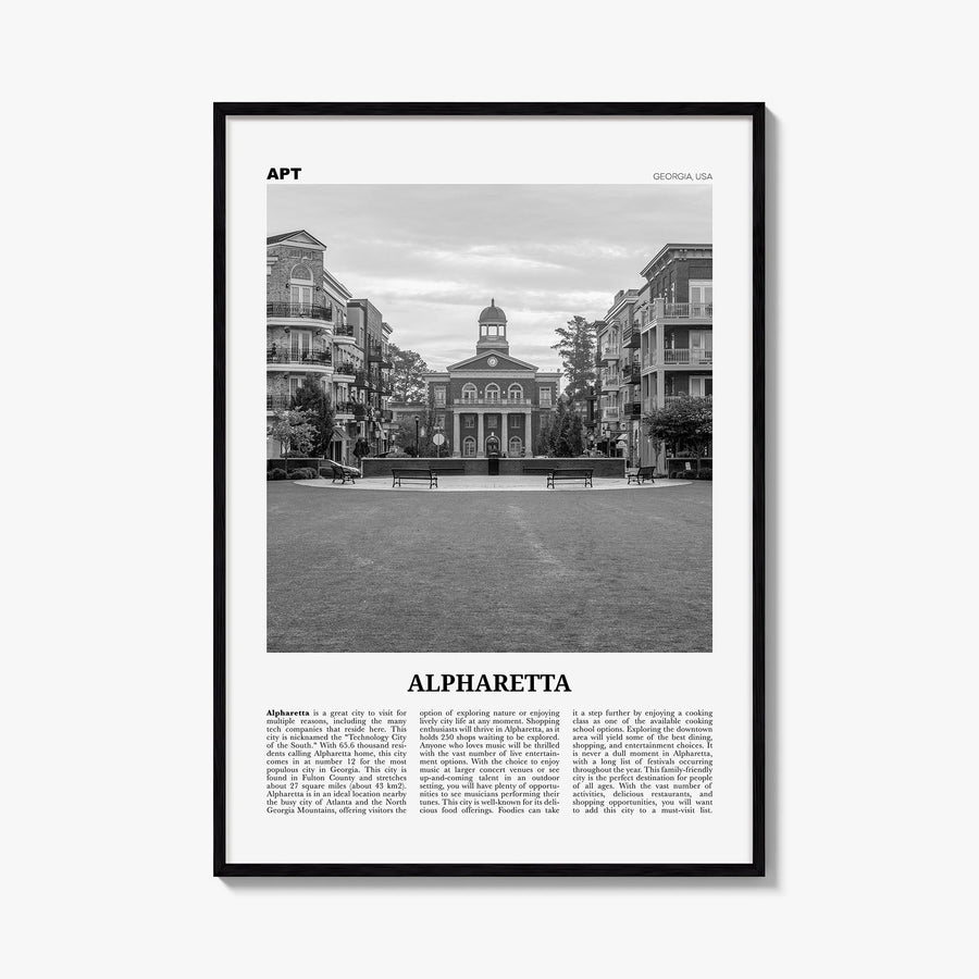 Alpharetta black & white newspaper poster of Georgia, USA – vertical wall art, unframed print shown in interior mockup