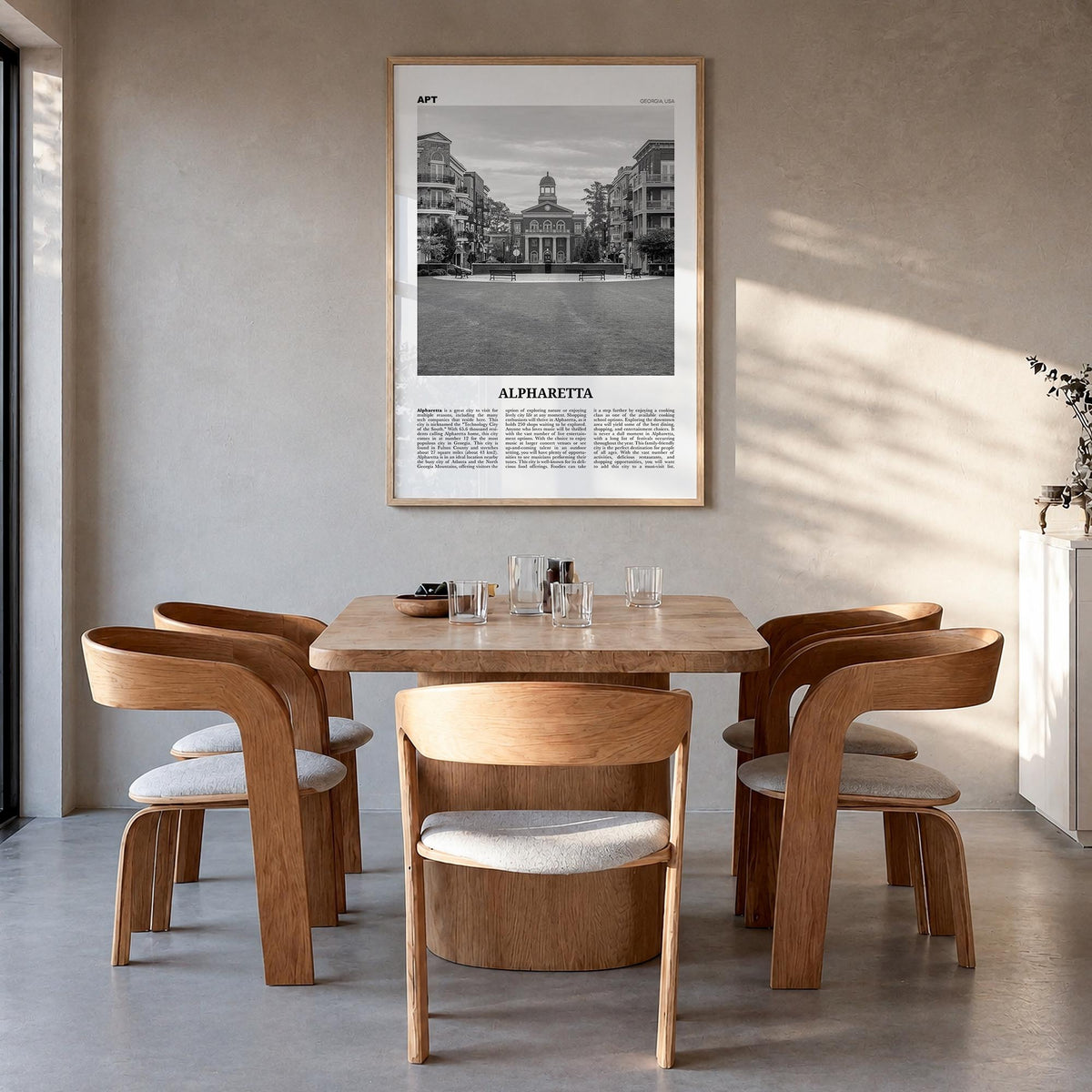 Alpharetta black & white newspaper poster of Georgia, USA – vertical wall art in natural wood frame, hanging on wall