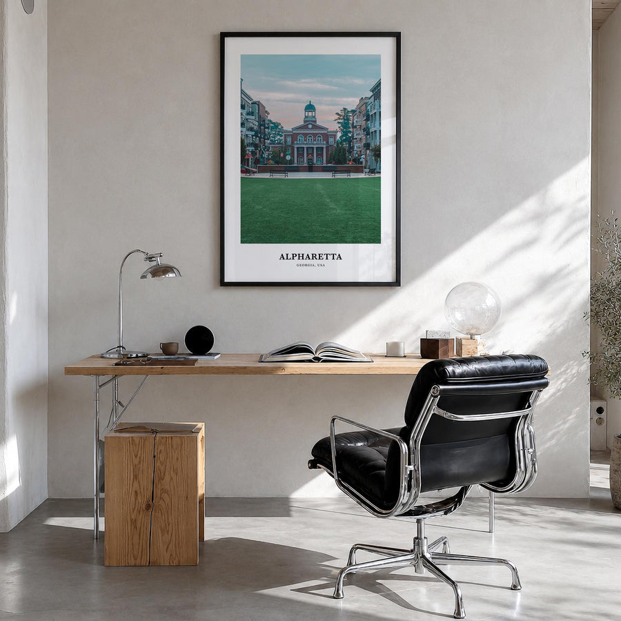 Alpharetta colorful classic poster of Georgia, USA – vertical wall art in black wood frame, hanging on wall