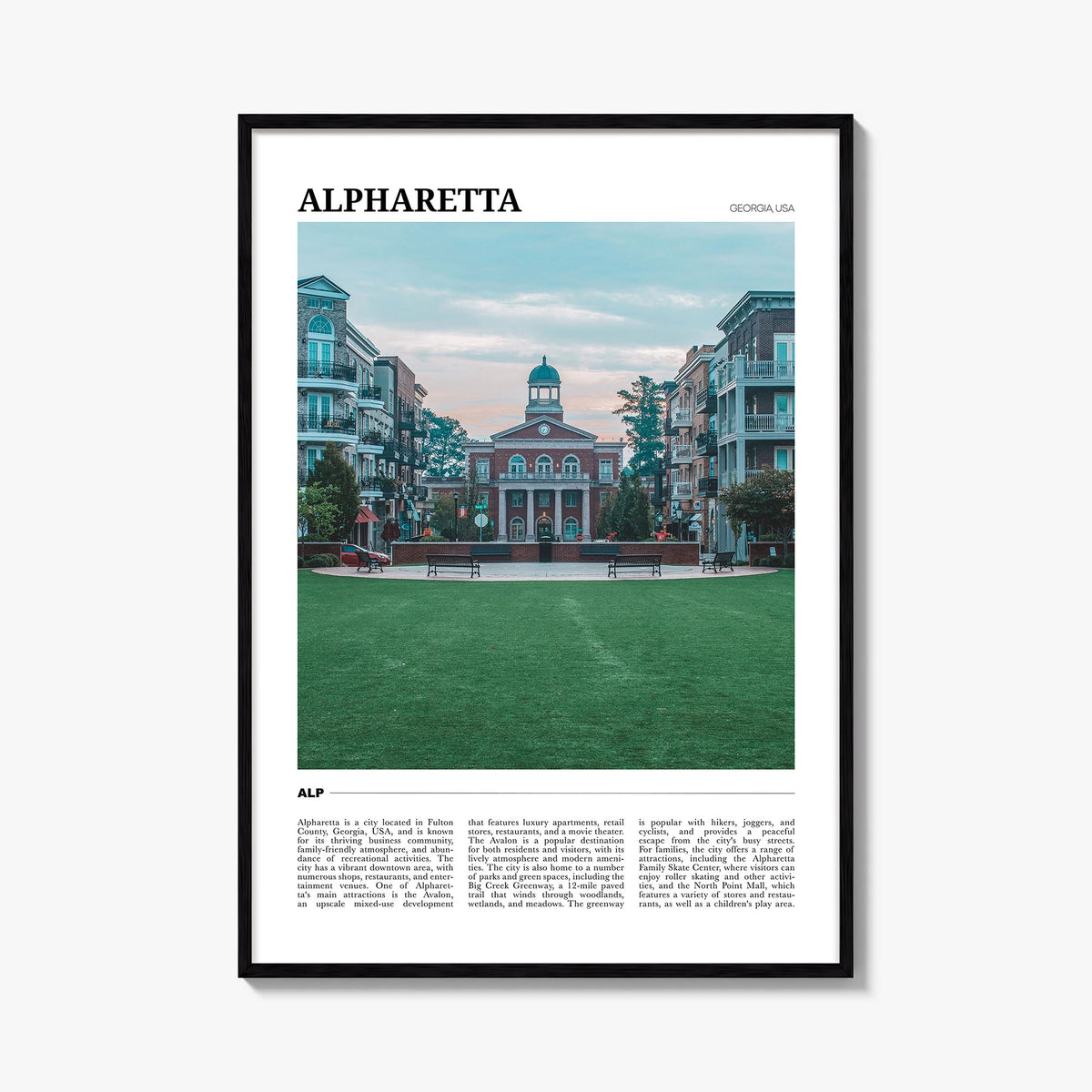 Alpharetta colorful travel poster of Georgia, USA – vertical wall art, unframed print shown in interior mockup
