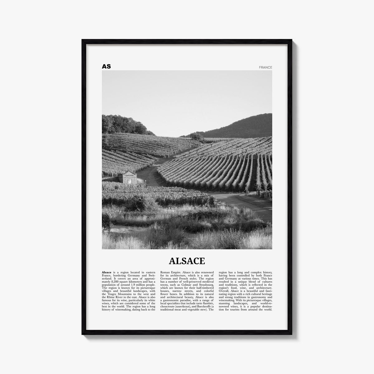 Alsace black & white newspaper poster of France – vertical wall art, unframed print shown in interior mockup