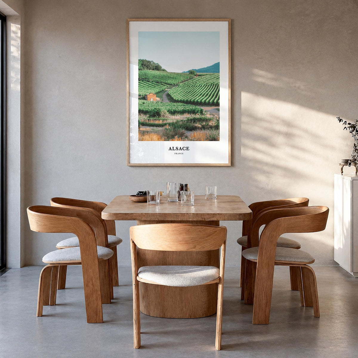 Alsace colorful classic poster of France – vertical wall art in natural wood frame, hanging on wall