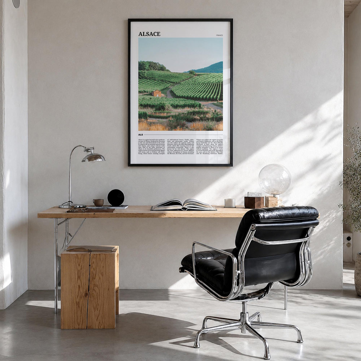 Alsace colorful travel poster of France – vertical wall art in black wood frame, hanging on wall