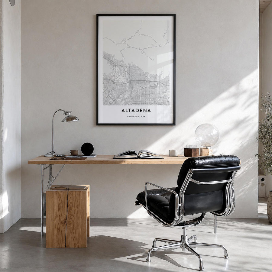Altadena black & white map poster of California, USA – vertical wall art in black wood frame, hanging on wall