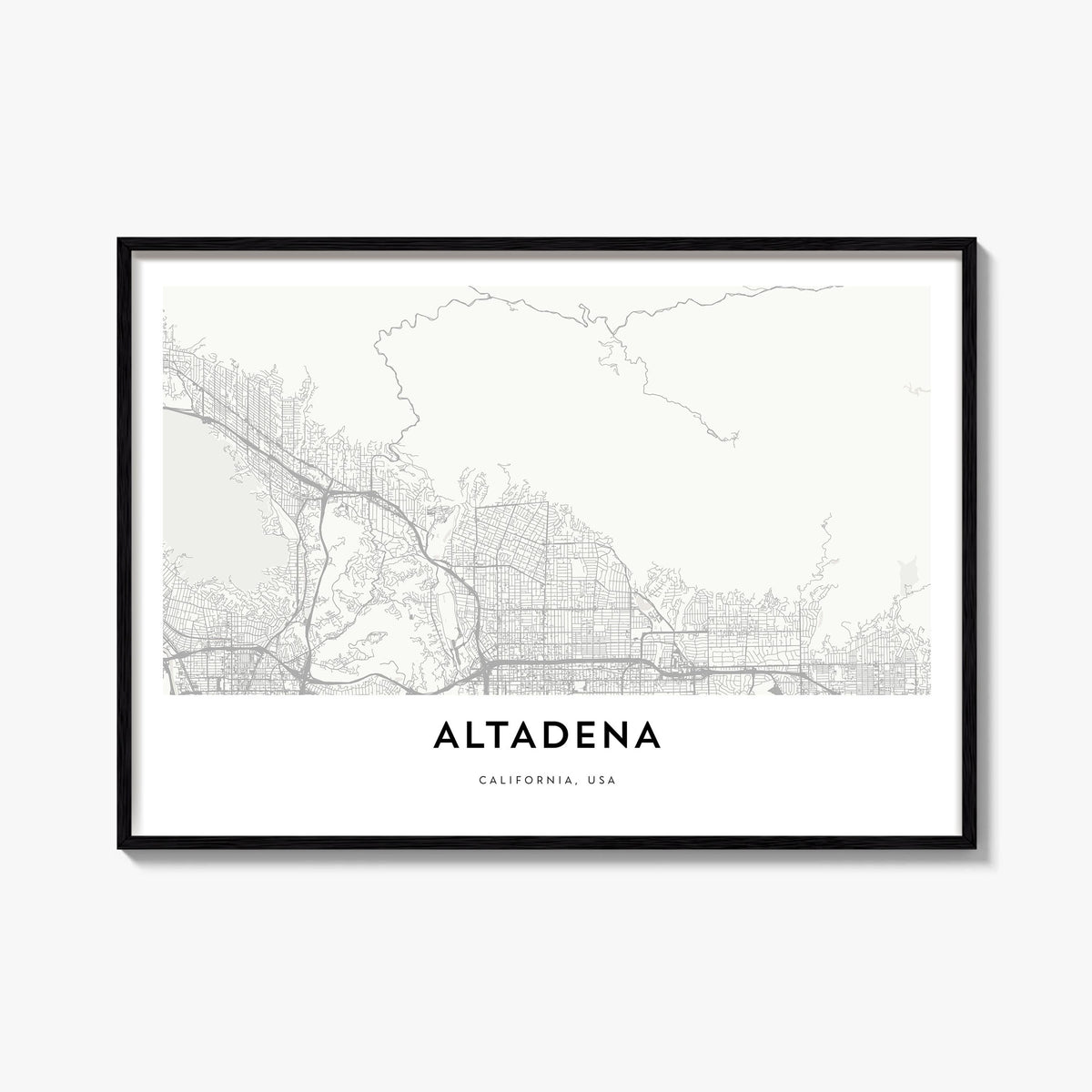 Altadena black & white map poster of California, USA – horizontal wall art, unframed print shown in interior mockup