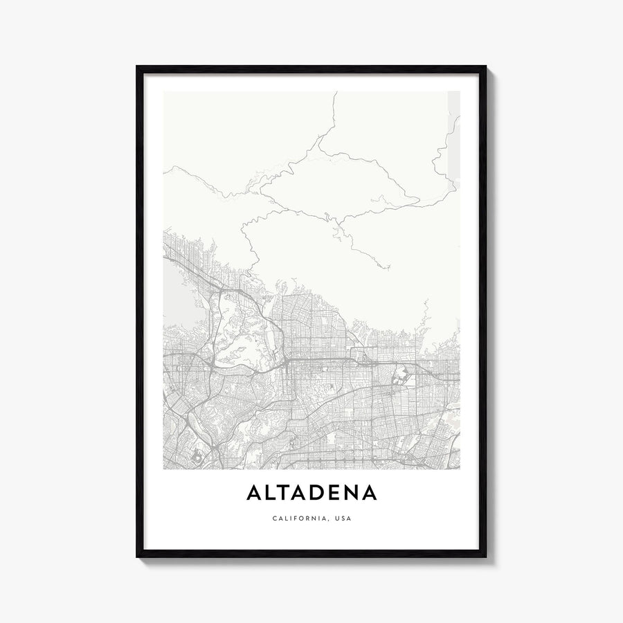 Altadena black & white map poster of California, USA – vertical wall art, unframed print shown in interior mockup