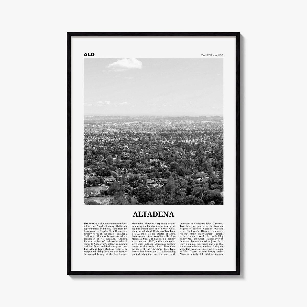 Altadena black & white newspaper poster of California, USA – vertical wall art, unframed print shown in interior mockup