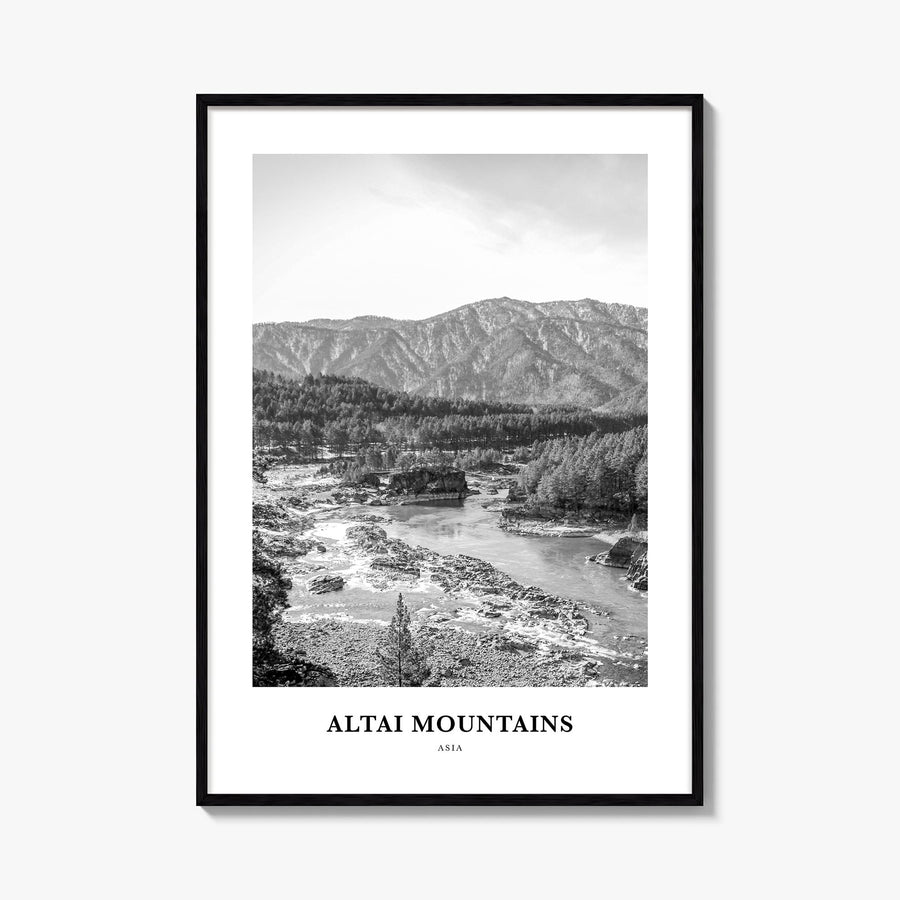 Altai Mountains black & white classic poster of Asia – vertical wall art, unframed print shown in interior mockup
