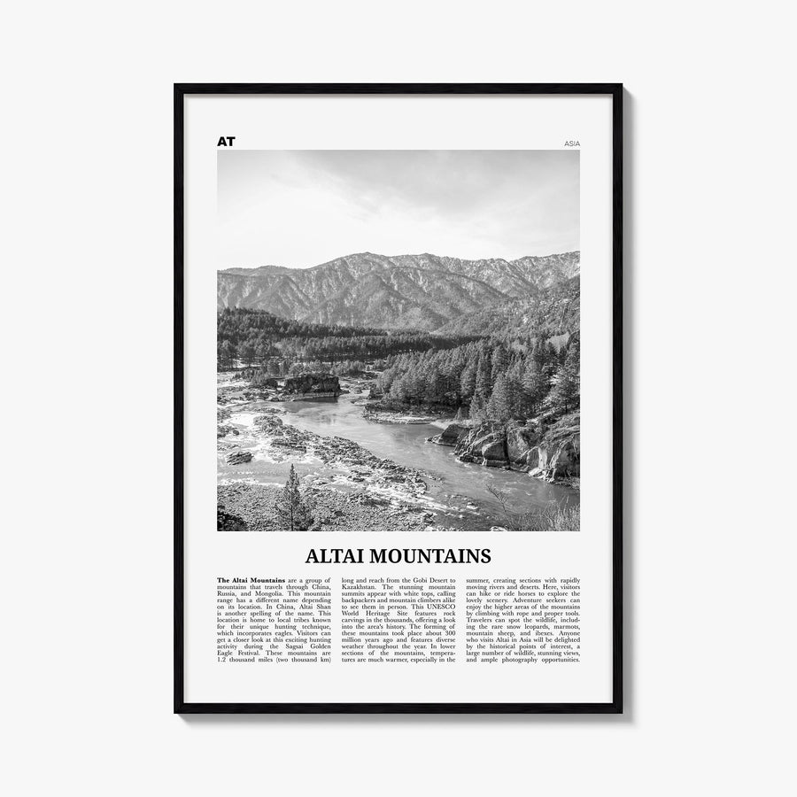 Altai Mountains black & white newspaper poster of Asia – vertical wall art, unframed print shown in interior mockup