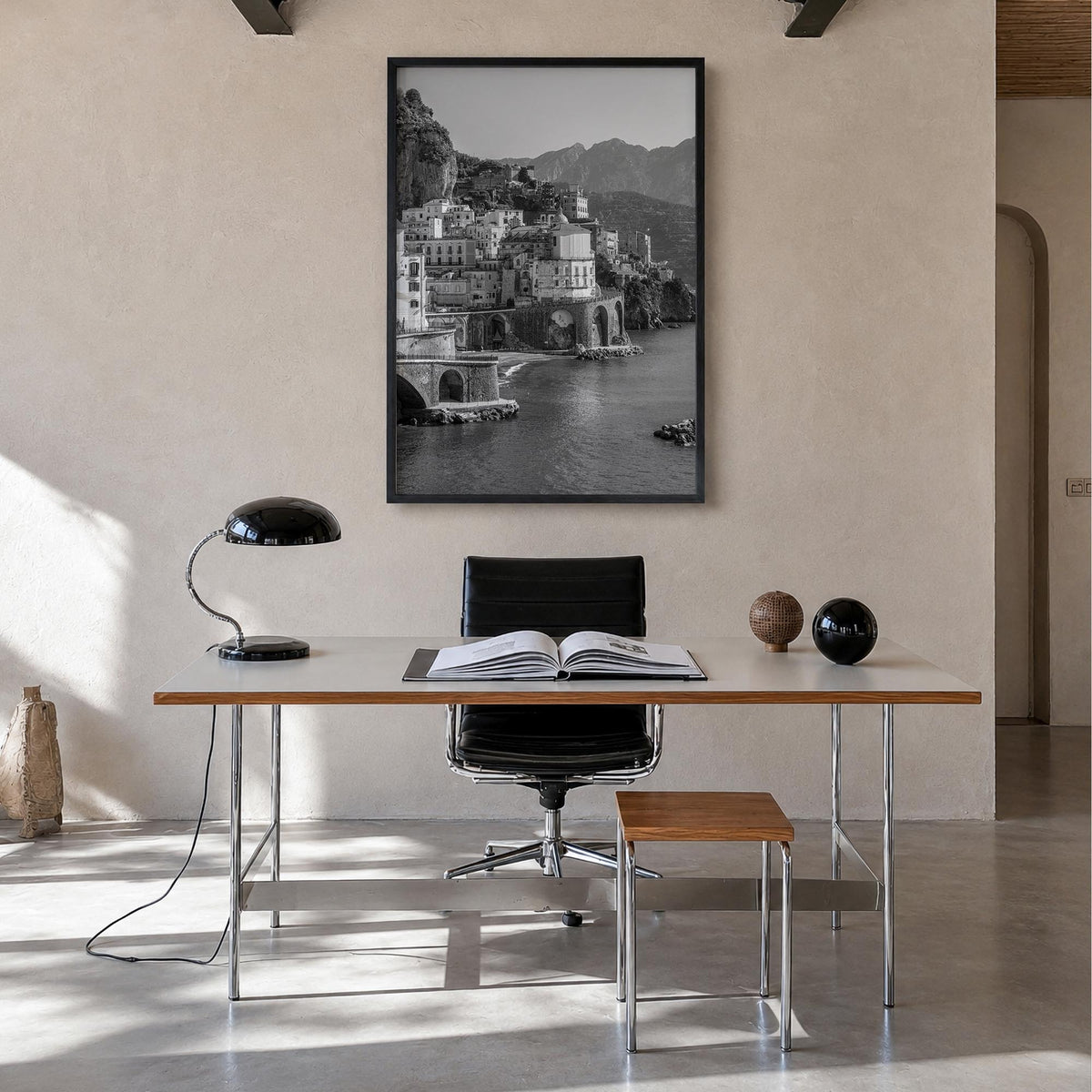 Amalfi black & white photo poster of Italy – vertical wall art in black wood frame, hanging on wall