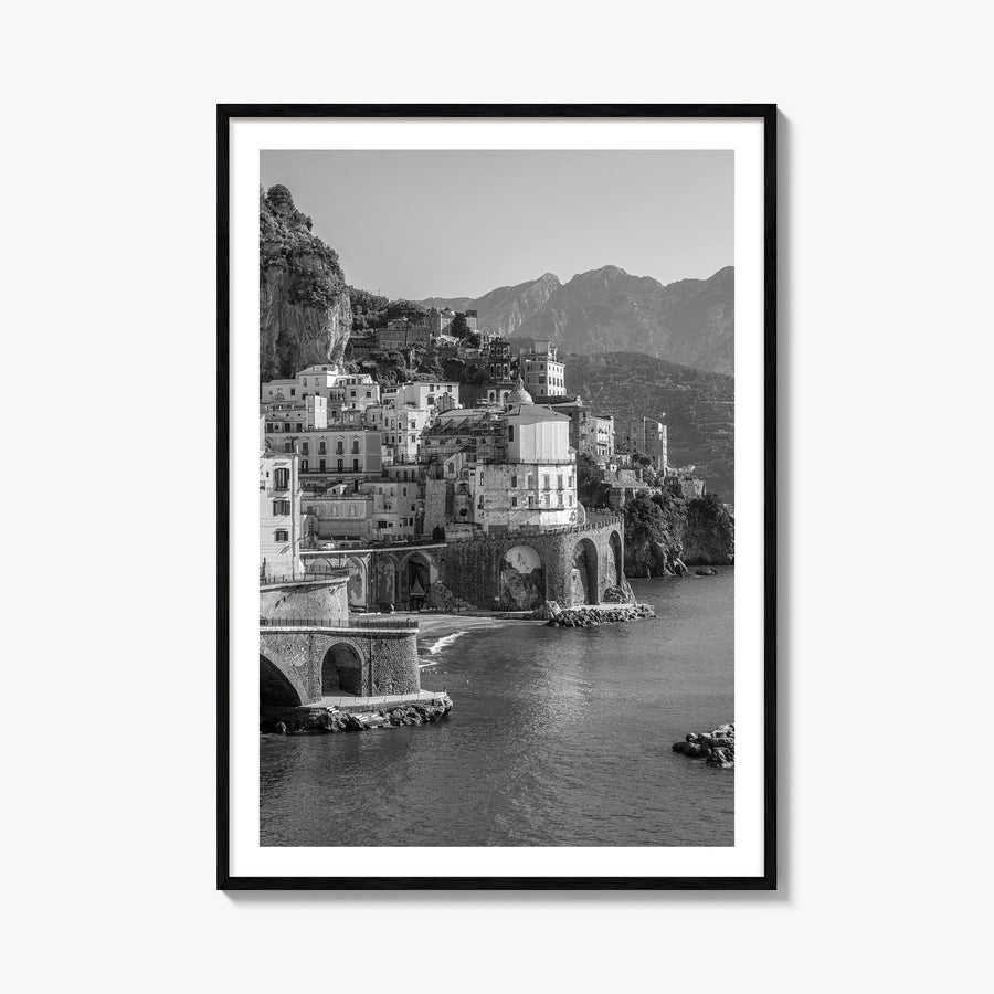Amalfi black & white photo poster of Italy – vertical wall art, unframed print shown in interior mockup