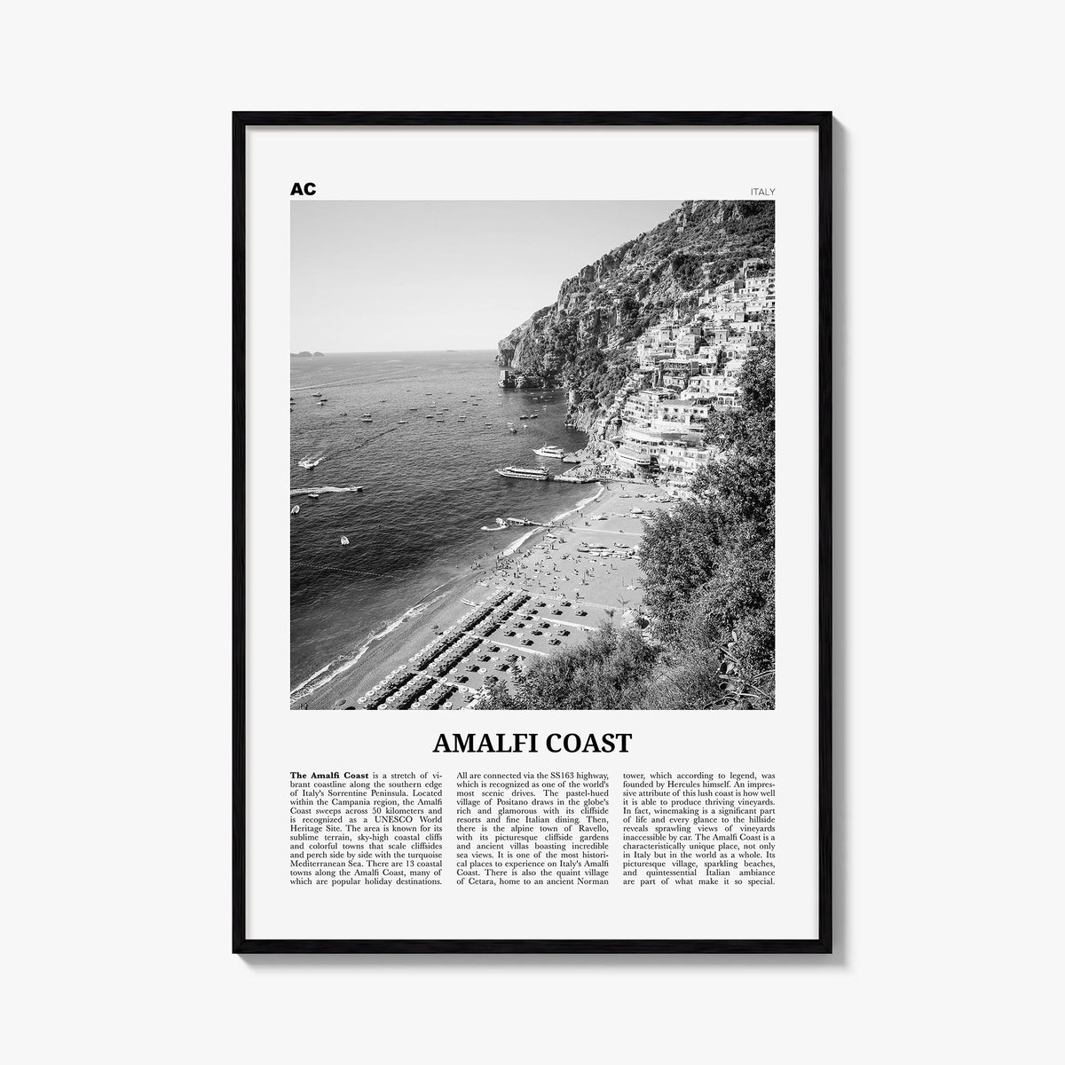 Amalfi Coast black & white newspaper poster of Italy – vertical wall art, unframed print shown in interior mockup