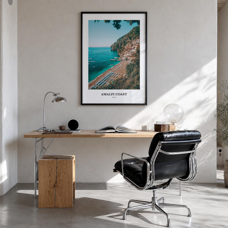 Amalfi Coast colorful classic poster of Italy – vertical wall art in black wood frame, hanging on wall