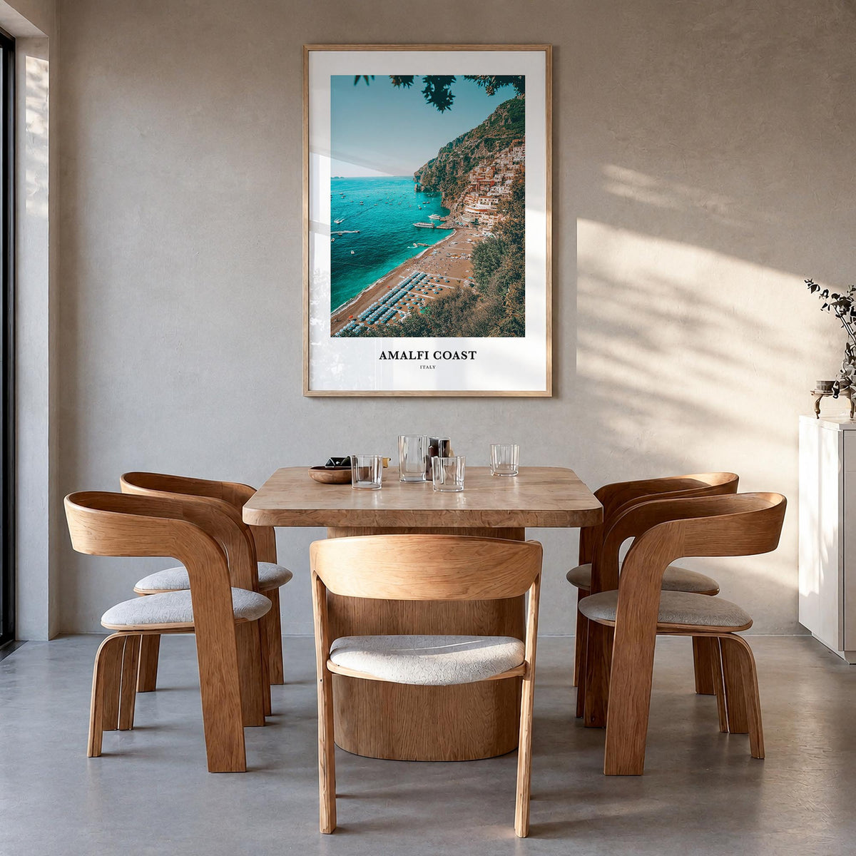 Amalfi Coast colorful classic poster of Italy – vertical wall art in natural wood frame, hanging on wall