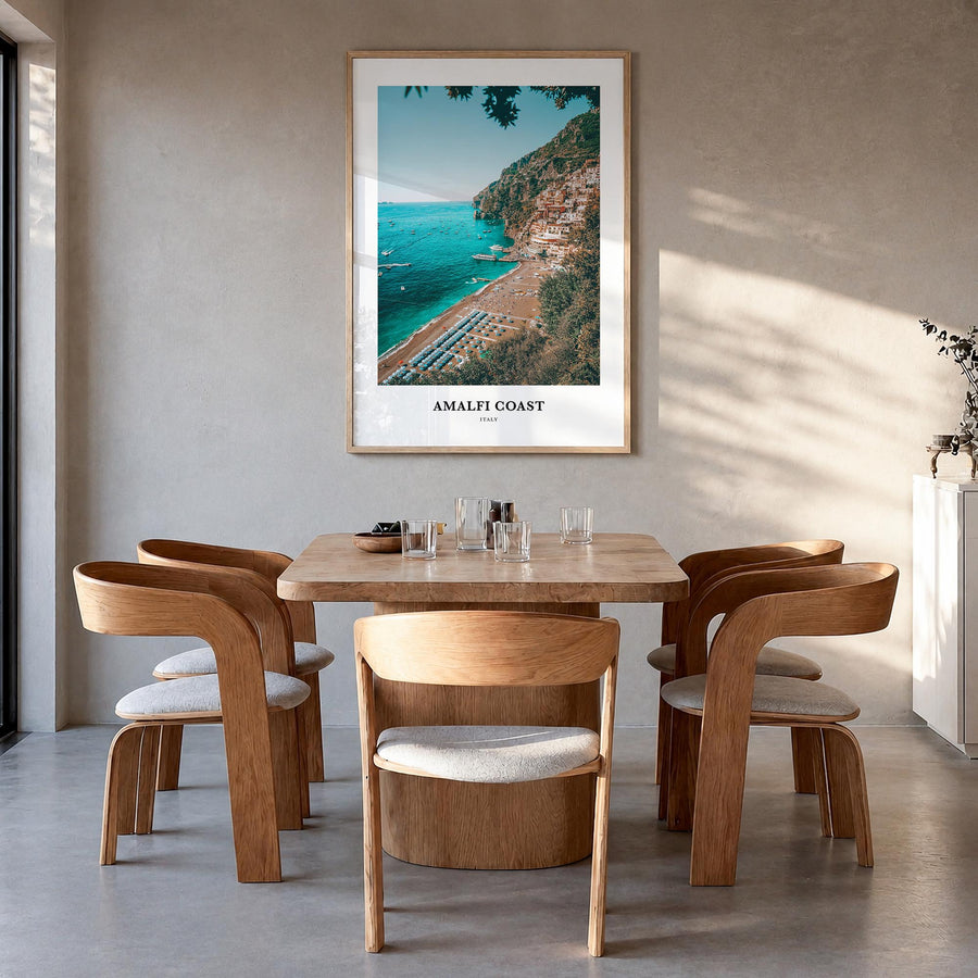 Amalfi Coast colorful classic poster of Italy – vertical wall art in natural wood frame, hanging on wall