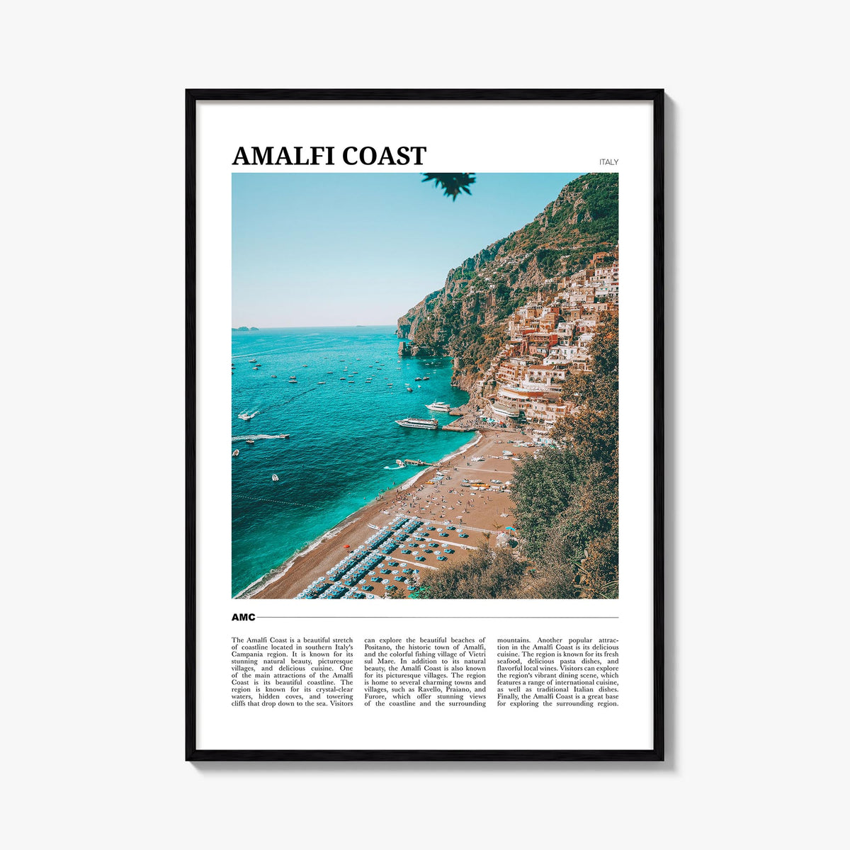 Amalfi Coast colorful travel poster of Italy – vertical wall art, unframed print shown in interior mockup