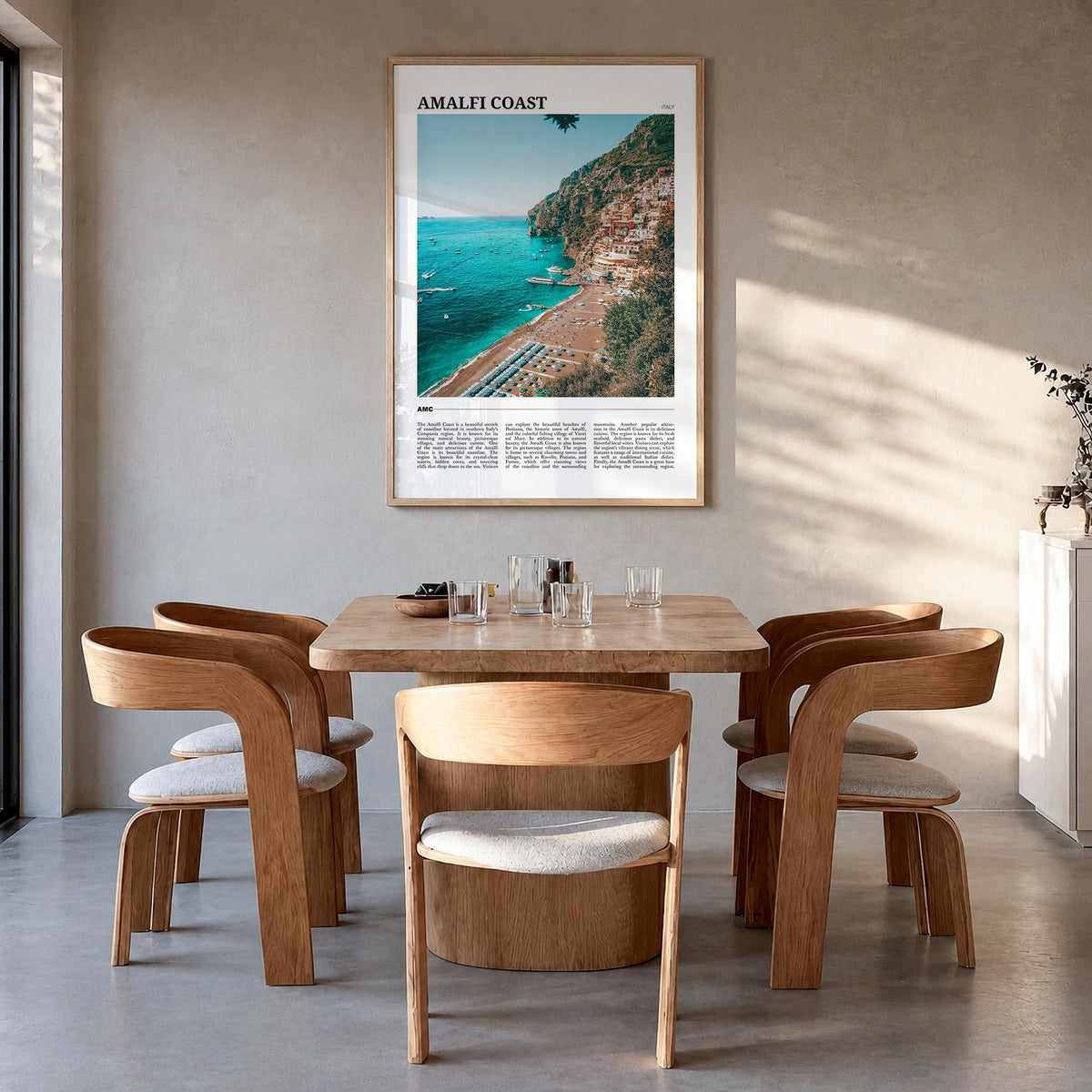 Amalfi Coast colorful travel poster of Italy – vertical wall art in natural wood frame, hanging on wall