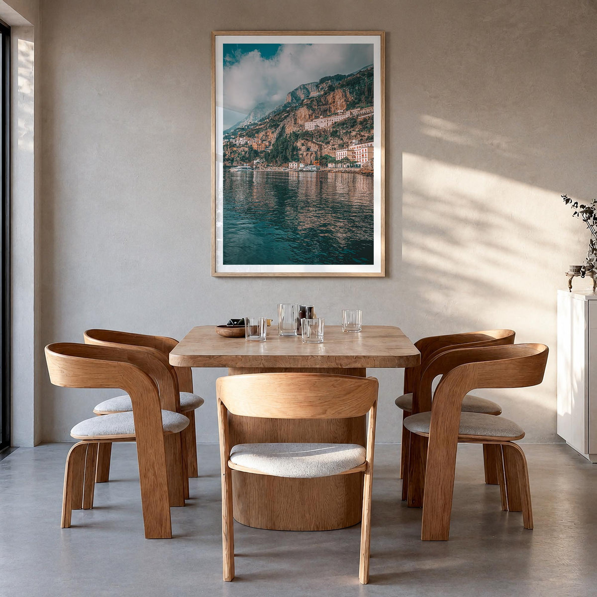 Amalfi Coast no. 1 colorful photo poster of Italy – vertical wall art in natural wood frame with white border, hanging on wal