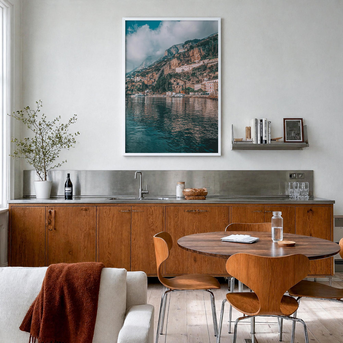 Amalfi Coast no. 1 colorful photo poster of Italy – vertical wall art in white wood frame, hanging on wall