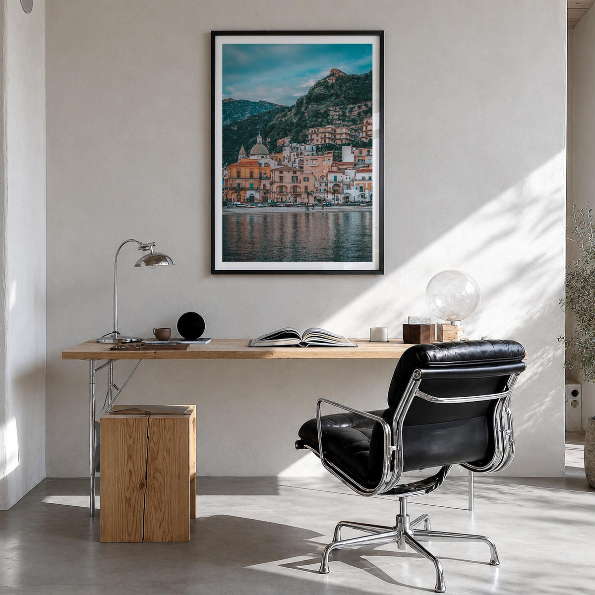 Amalfi Coast no. 2 colorful photo poster of Italy – vertical wall art in black wood frame with white border, hanging on wall