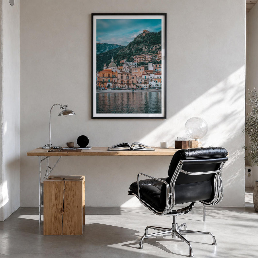 Amalfi Coast no. 2 colorful photo poster of Italy – vertical wall art in black wood frame with white border, hanging on wall