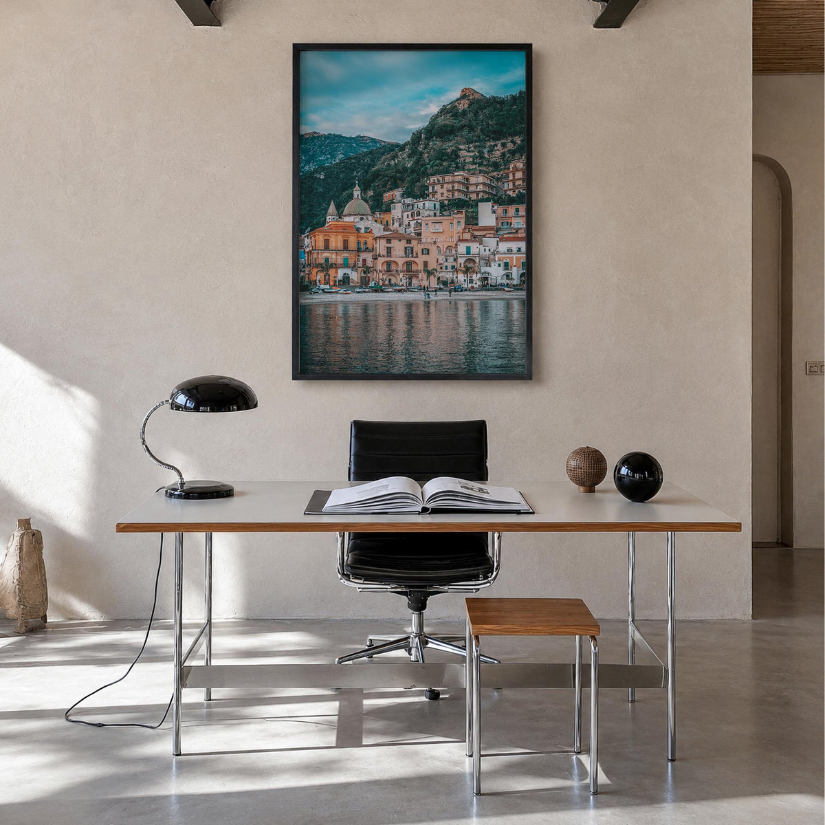 Amalfi Coast no. 2 colorful photo poster of Italy – vertical wall art in black wood frame, hanging on wall