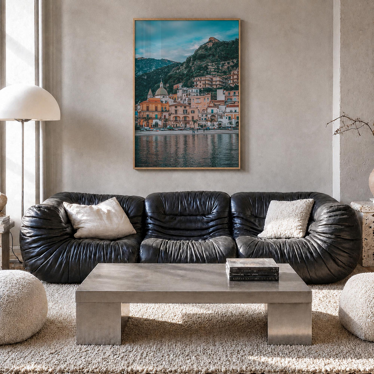 Amalfi Coast no. 2 colorful photo poster of Italy – vertical wall art in natural wood frame, hanging on wall