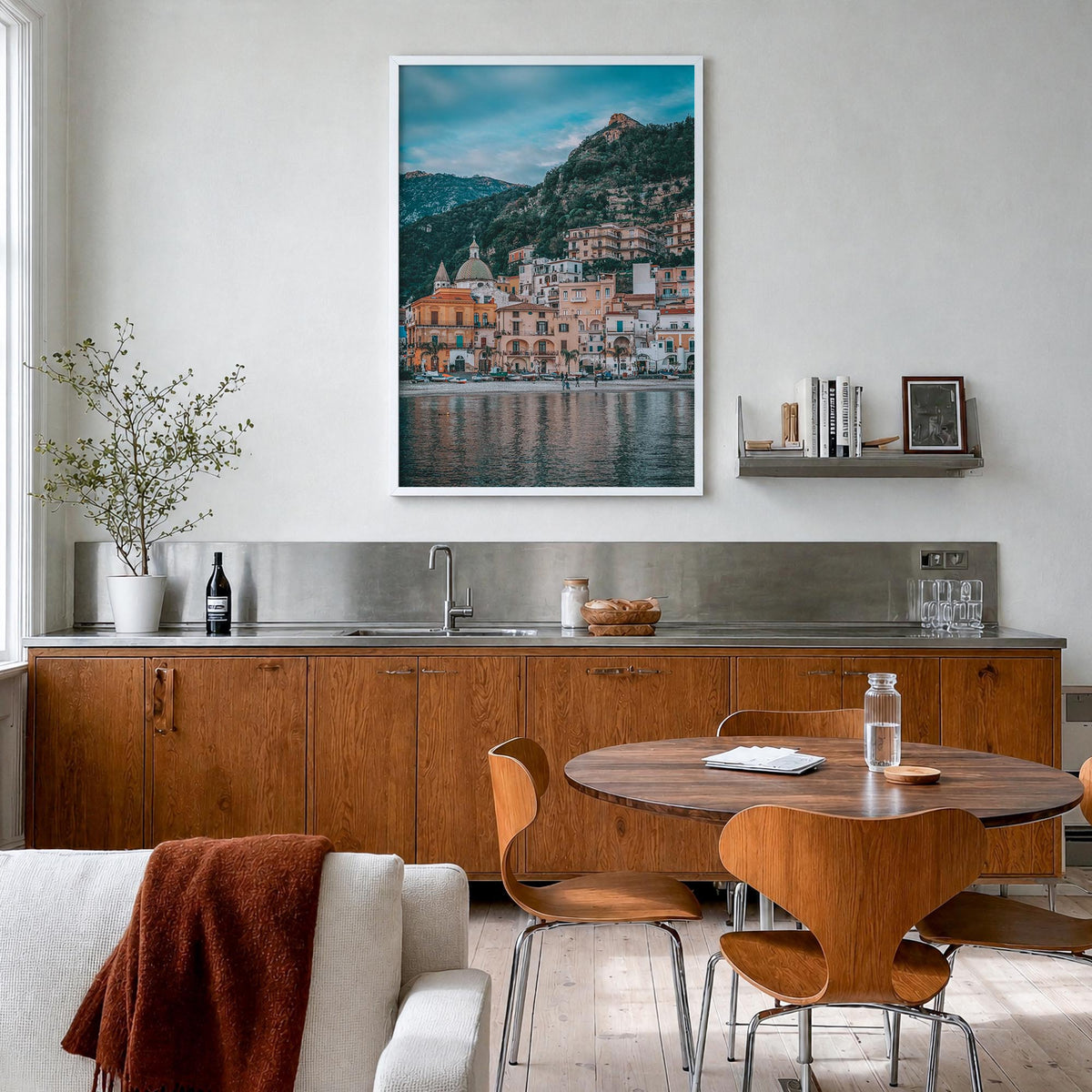 Amalfi Coast no. 2 colorful photo poster of Italy – vertical wall art in white wood frame, hanging on wall
