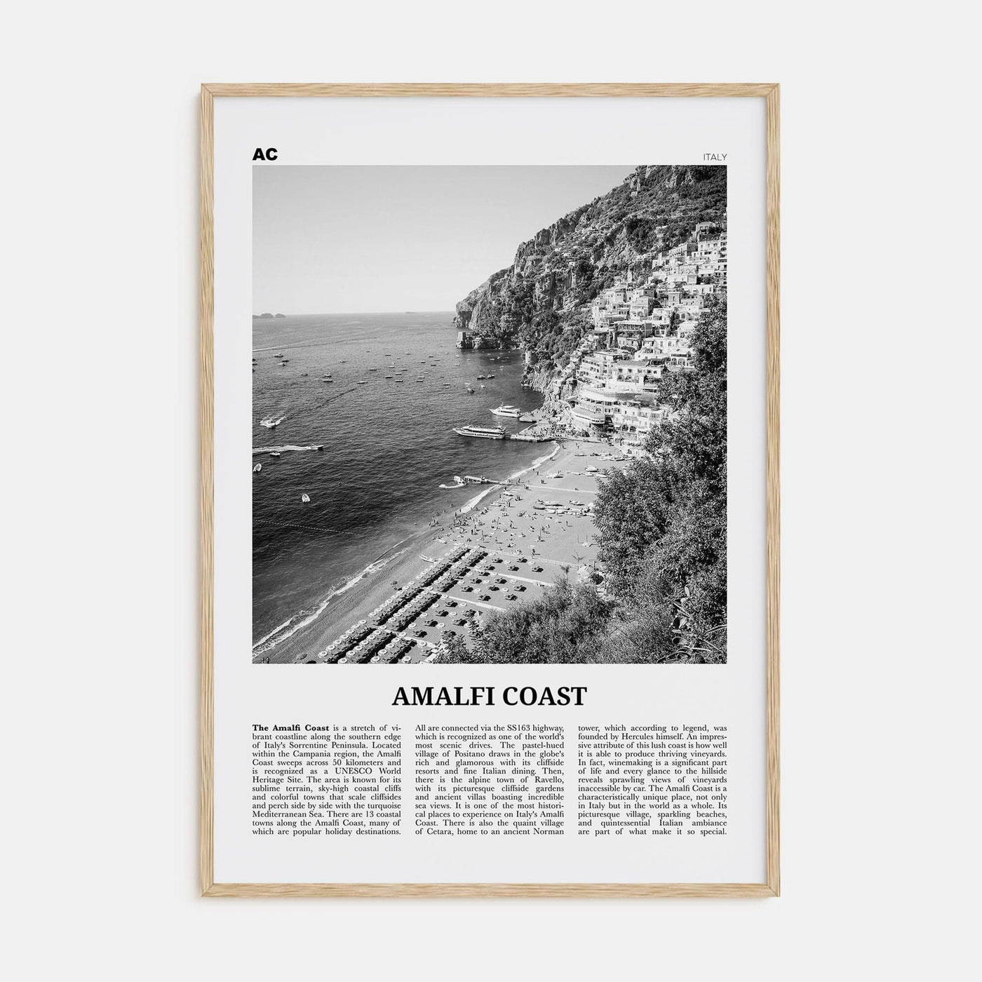 Amalfi Coast Poster Natural Wood / 8x12 in Nbourhood Travel B&W Poster