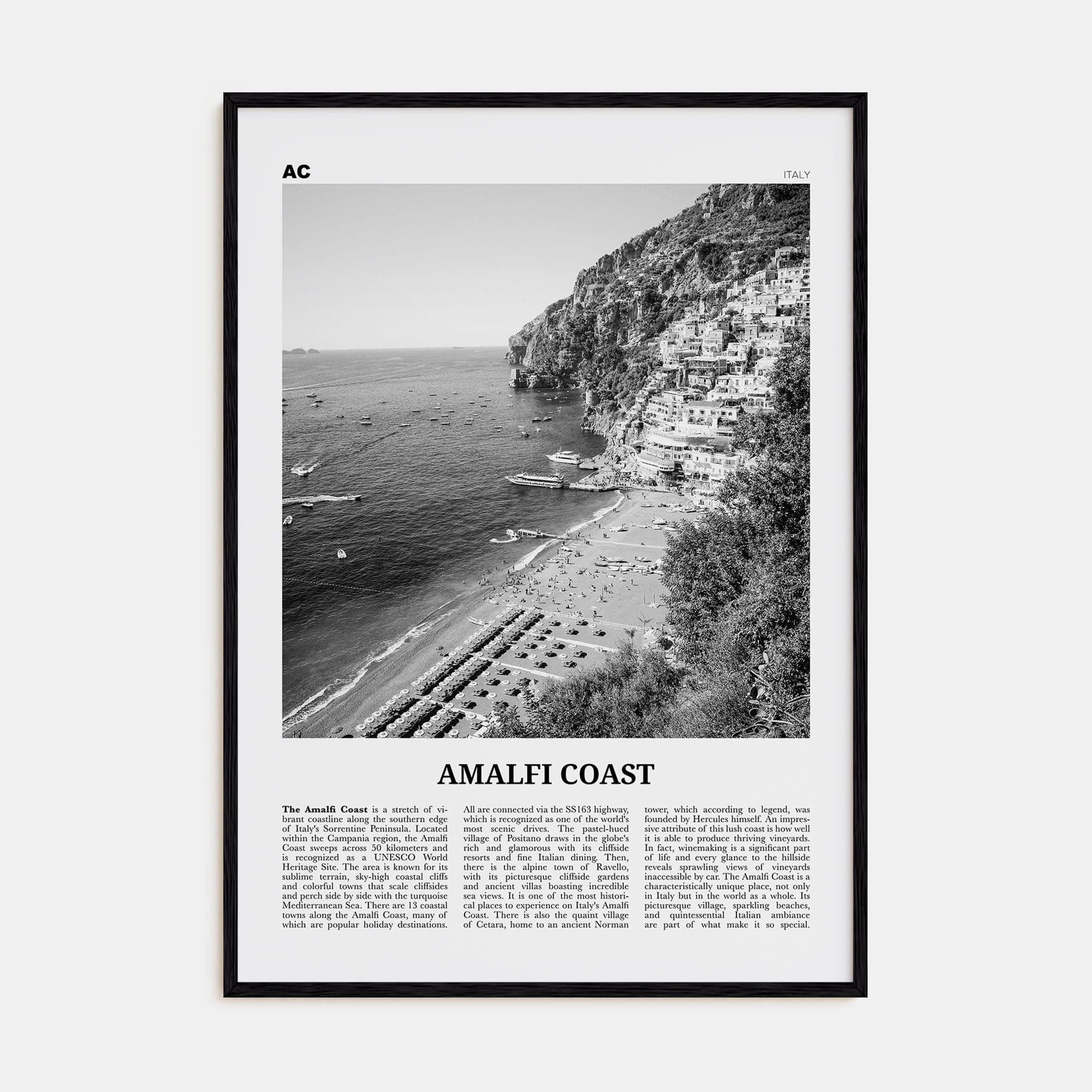 Amalfi Coast Poster Black Wood / 8x12 in Nbourhood Travel B&W Poster