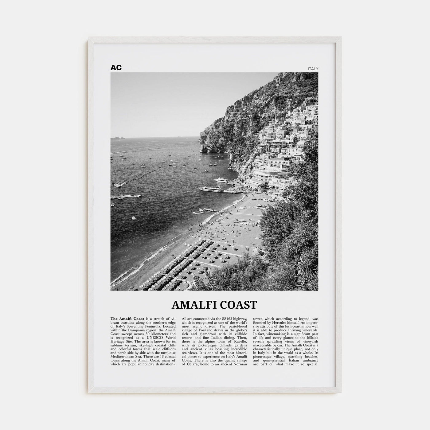 Amalfi Coast Poster White Wood / 8x12 in Nbourhood Travel B&W Poster