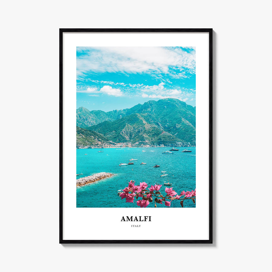 Amalfi colorful classic poster of Italy – vertical wall art, unframed print shown in interior mockup