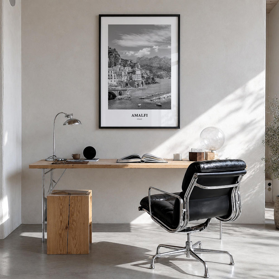 Amalfi no. 1 black & white classic poster of Italy – vertical wall art in black wood frame, hanging on wall