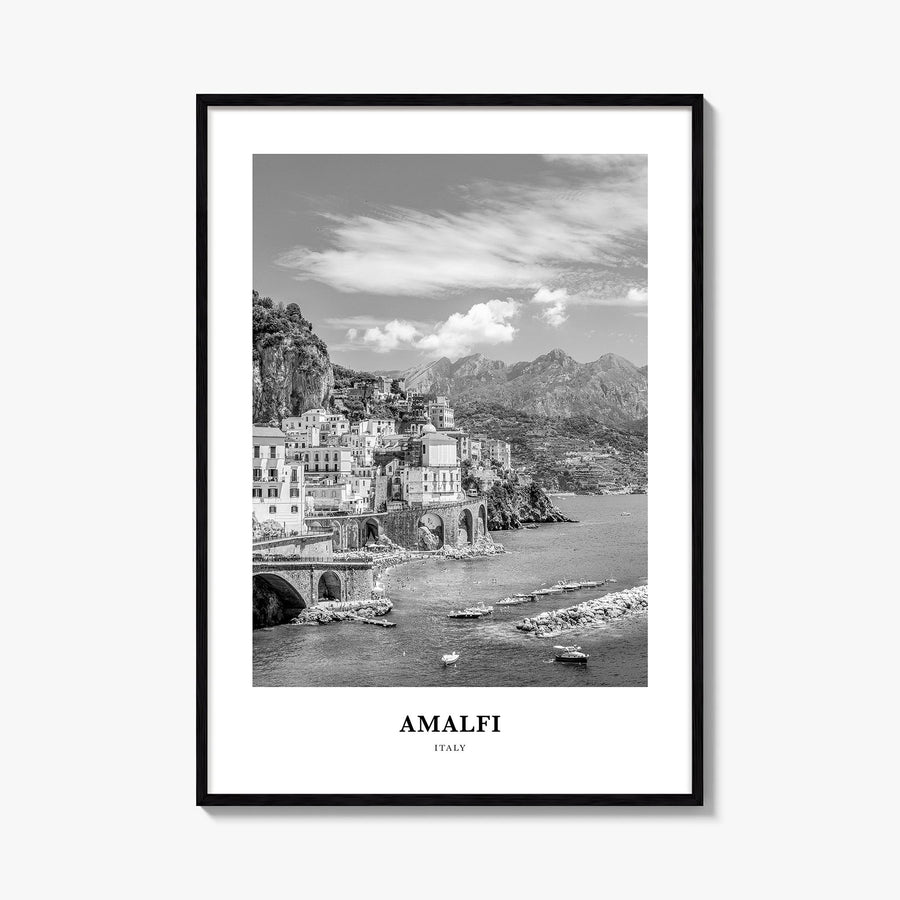 Amalfi no. 1 black & white classic poster of Italy – vertical wall art, unframed print shown in interior mockup