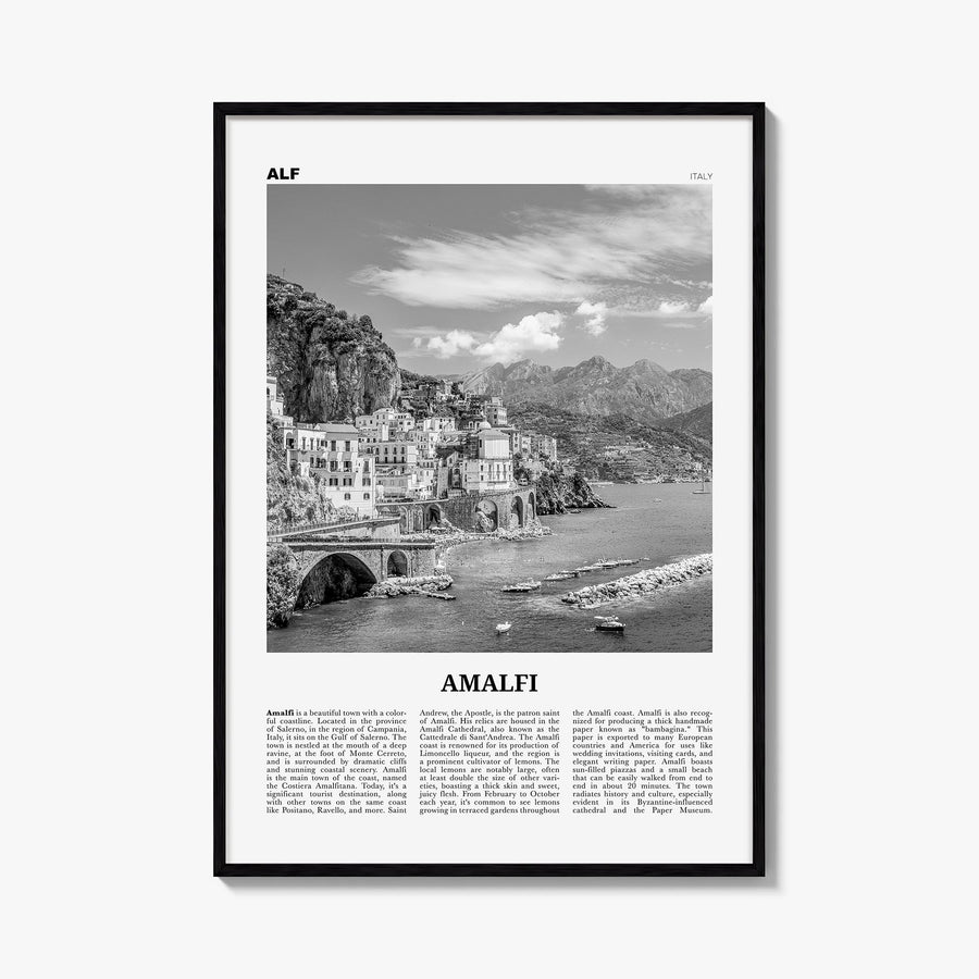 Amalfi no. 1 black & white newspaper poster of Italy – vertical wall art, unframed print shown in interior mockup