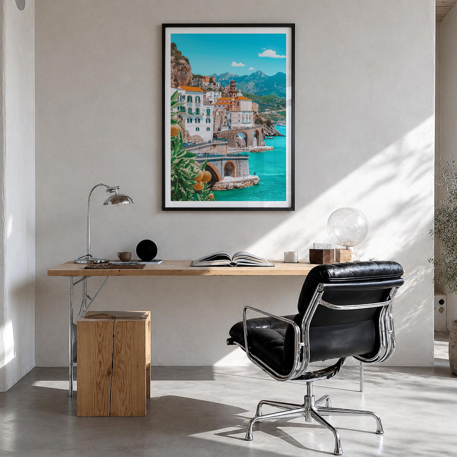 Amalfi no. 1 colorful photo poster of Italy – vertical wall art in black wood frame with white border, hanging on wall