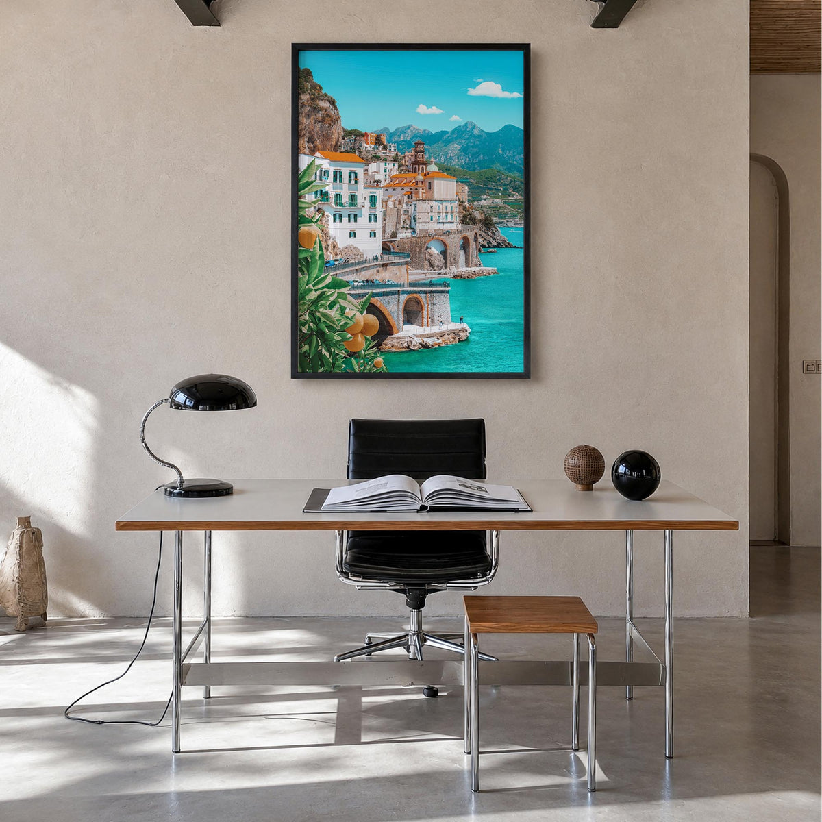 Amalfi no. 1 colorful photo poster of Italy – vertical wall art in black wood frame, hanging on wall