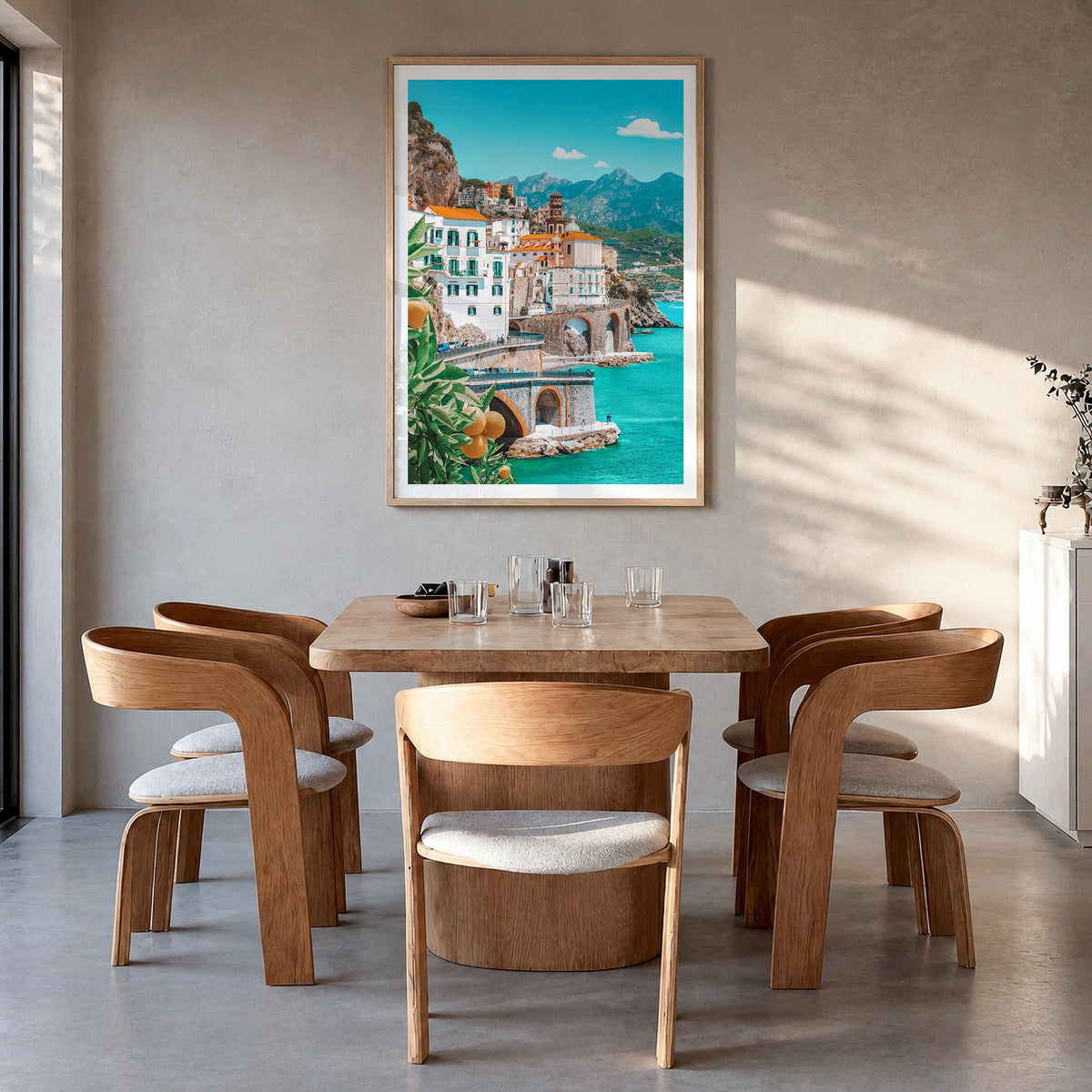 Amalfi no. 1 colorful photo poster of Italy – vertical wall art in natural wood frame with white border, hanging on wall