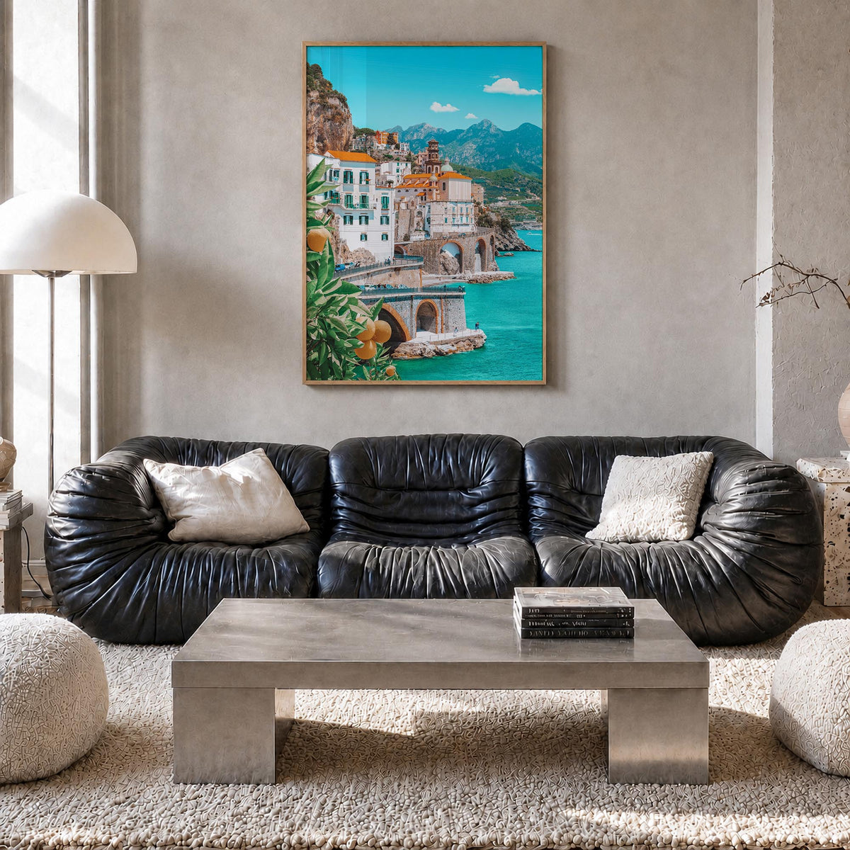 Amalfi no. 1 colorful photo poster of Italy – vertical wall art in natural wood frame, hanging on wall