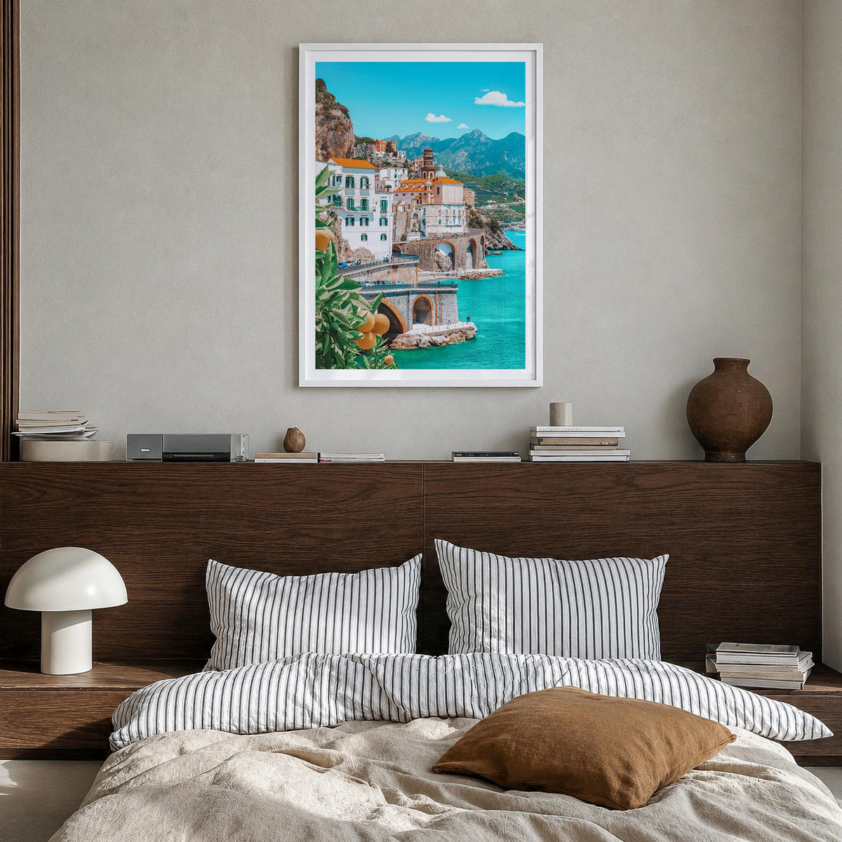 Amalfi no. 1 colorful photo poster of Italy – vertical wall art in white wood frame with white border, hanging on wall