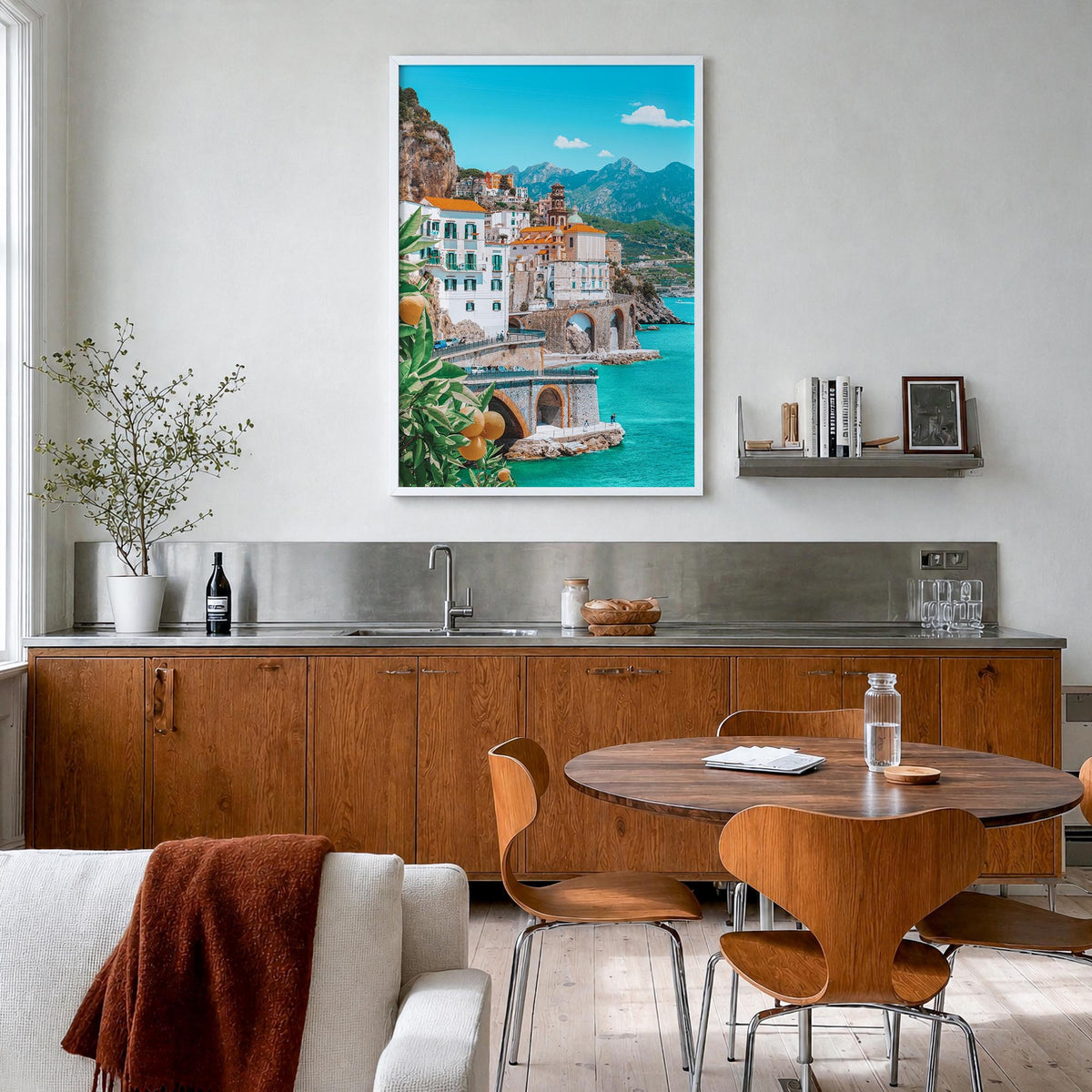 Amalfi no. 1 colorful photo poster of Italy – vertical wall art in white wood frame, hanging on wall