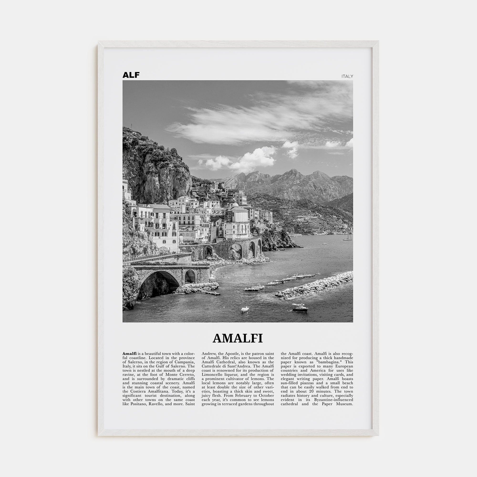 Amalfi No 1 Poster White Wood / 8x12 in Nbourhood Travel B&W Poster