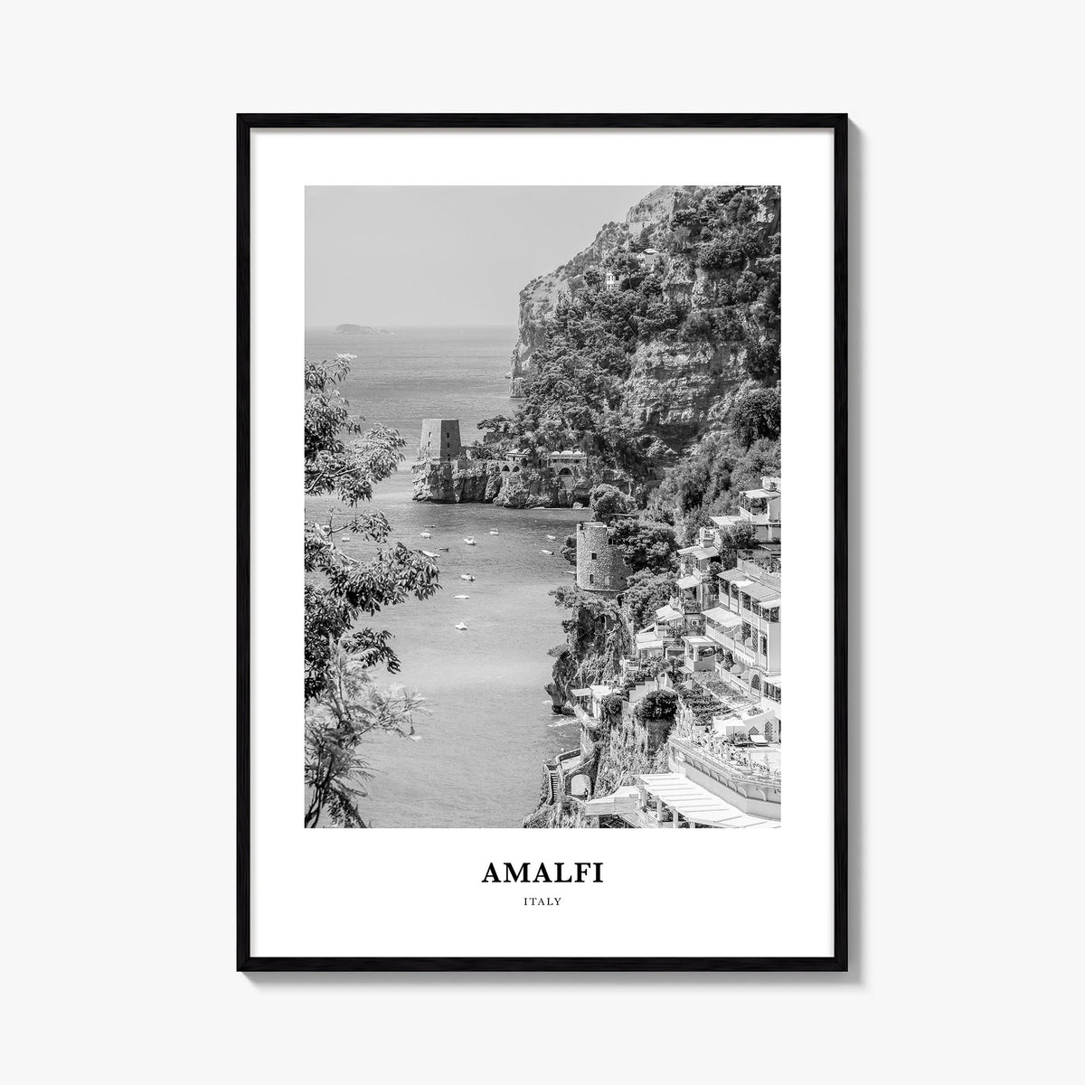 Amalfi no. 2 black & white classic poster of Italy – vertical wall art, unframed print shown in interior mockup