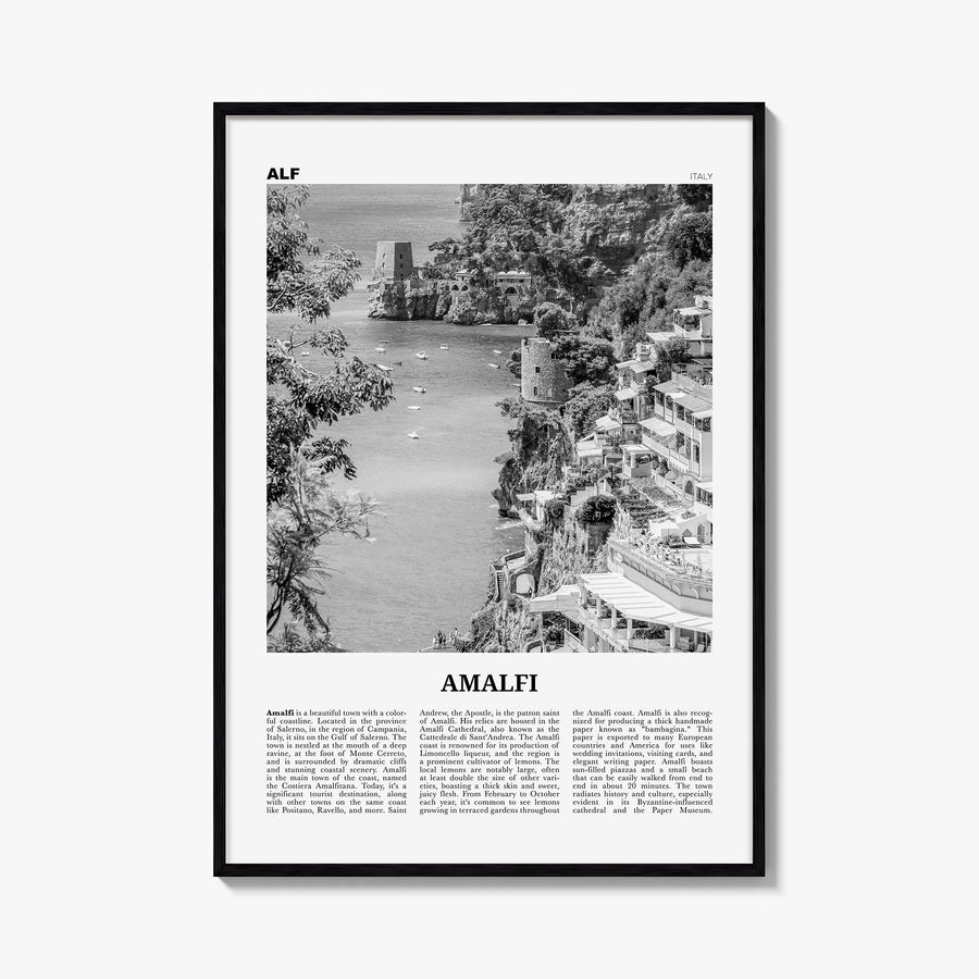 Amalfi no. 2 black & white newspaper poster of Italy – vertical wall art, unframed print shown in interior mockup
