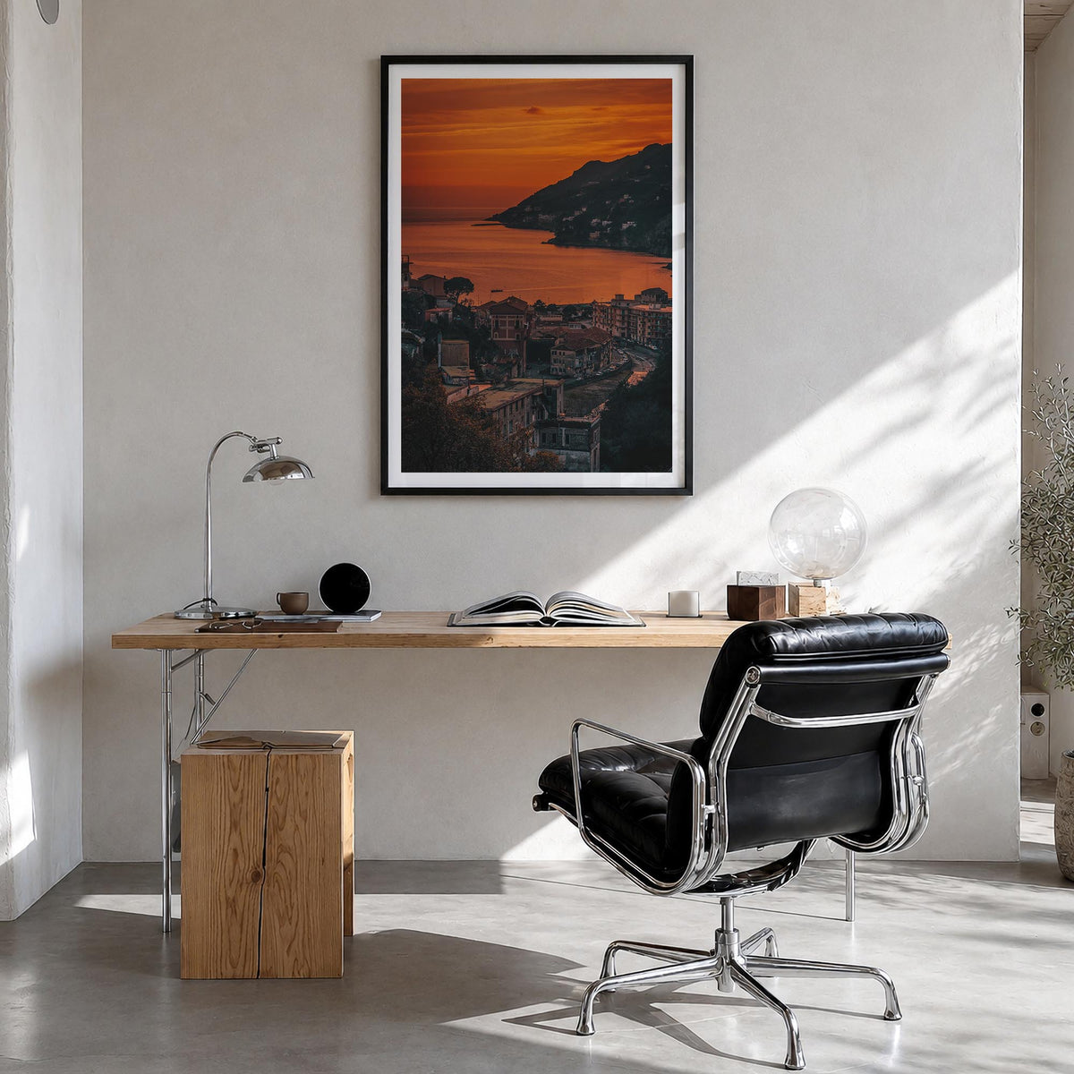 Amalfi no. 2 colorful photo poster of Italy – vertical wall art in black wood frame with white border, hanging on wall